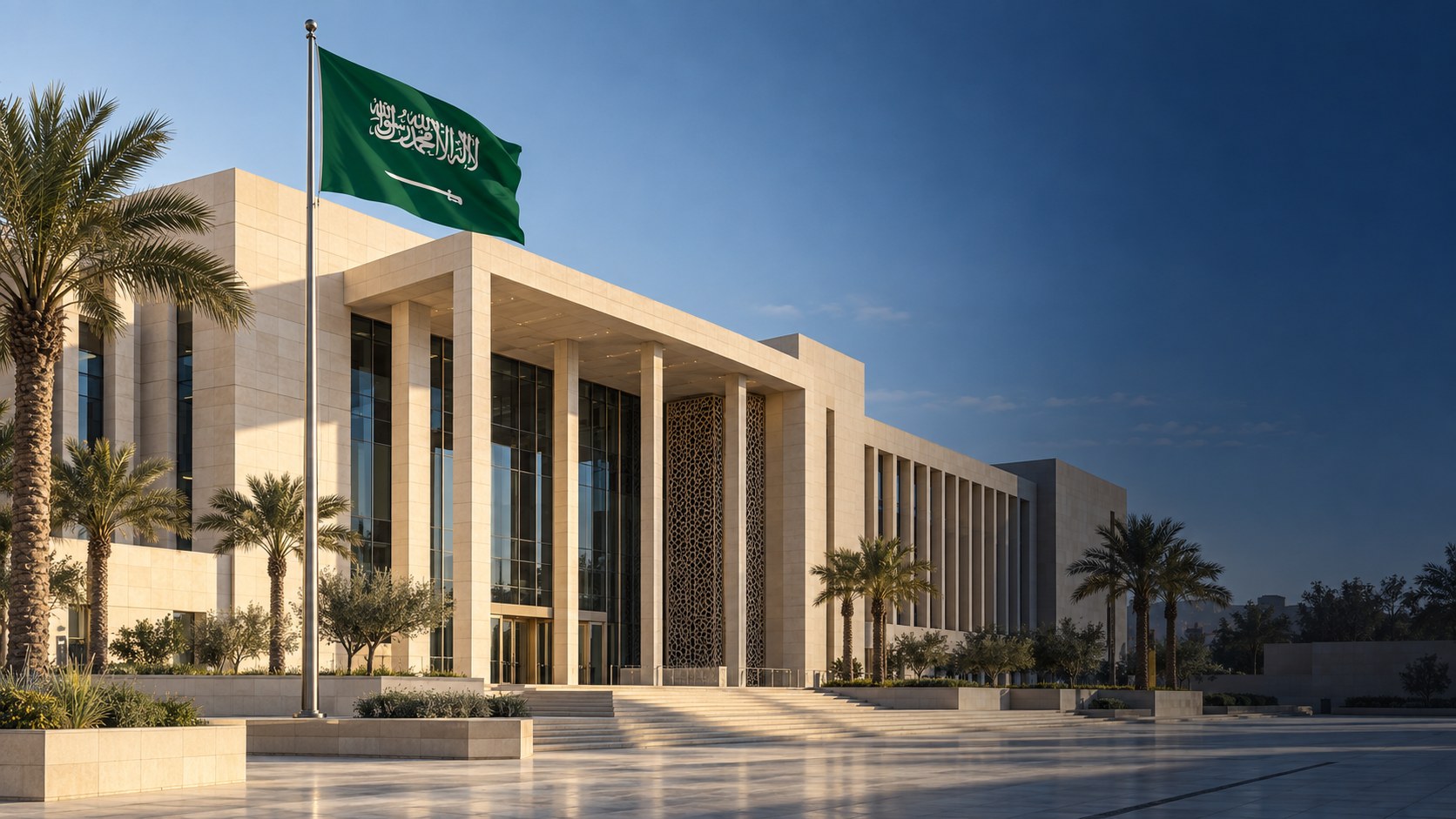 مبنى إداري سعودي حديث والعلم السعودي